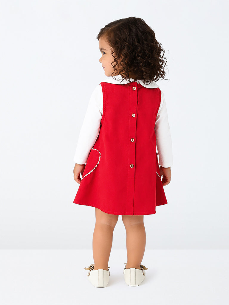 HOP Baby Girls Red Floral Embroidered Cotton Pinafore with T-Shirt Set