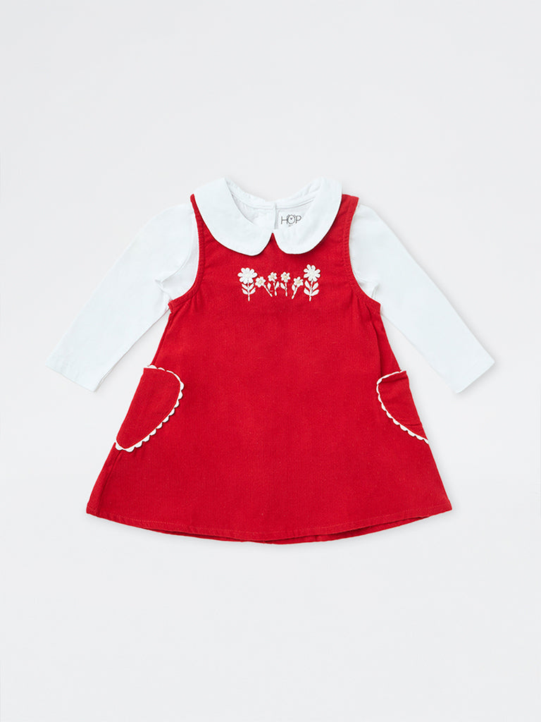 HOP Baby Girls Red Floral Embroidered Cotton Pinafore with T-Shirt Set