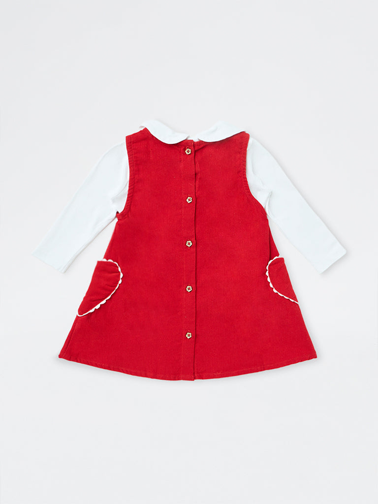 HOP Baby Girls Red Floral Embroidered Cotton Pinafore with T-Shirt Set