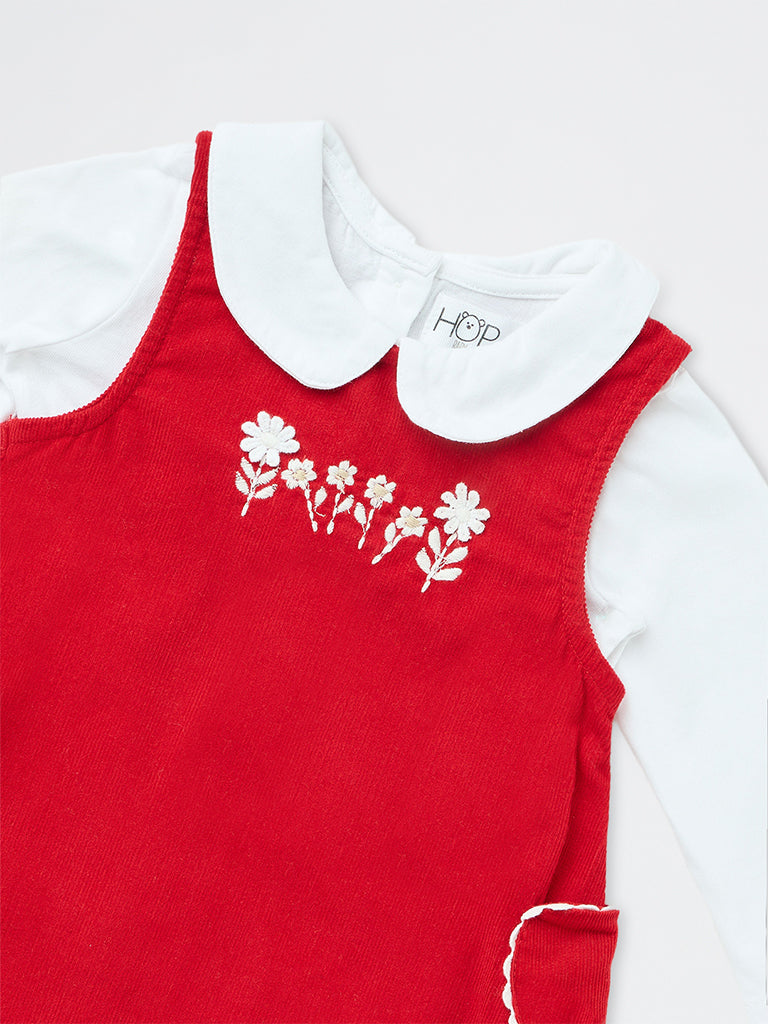 HOP Baby Girls Red Floral Embroidered Cotton Pinafore with T-Shirt Set