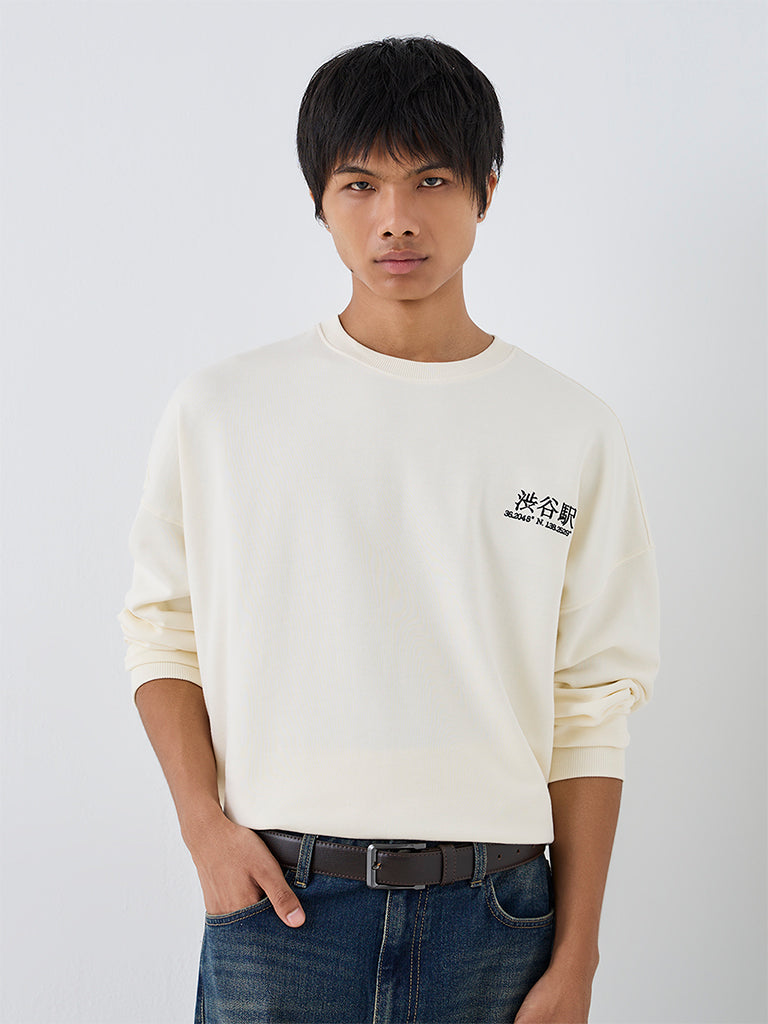 Nuon Cream Japanese-Themed Oversized-Fit Sweatshirt