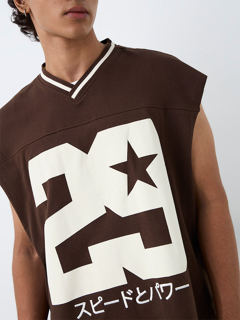 Nuon Brown Numerical Printed Oversized-Fit Cotton T-Shirt