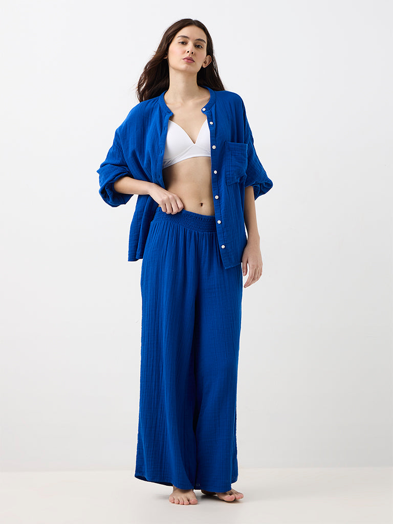 Wunderlove Blue Crinkle-Textured High-Waist Pants