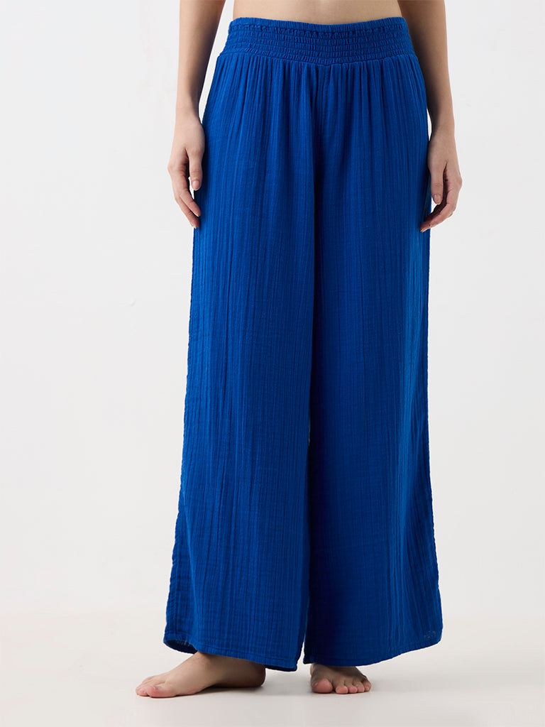 Wunderlove Blue Crinkle-Textured High-Waist Pants