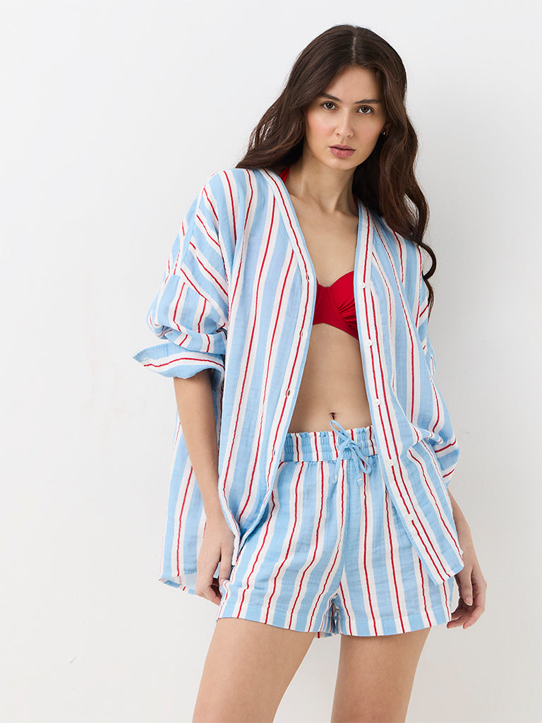 Wunderlove Blue Striped Crinkle-Textured Shirt