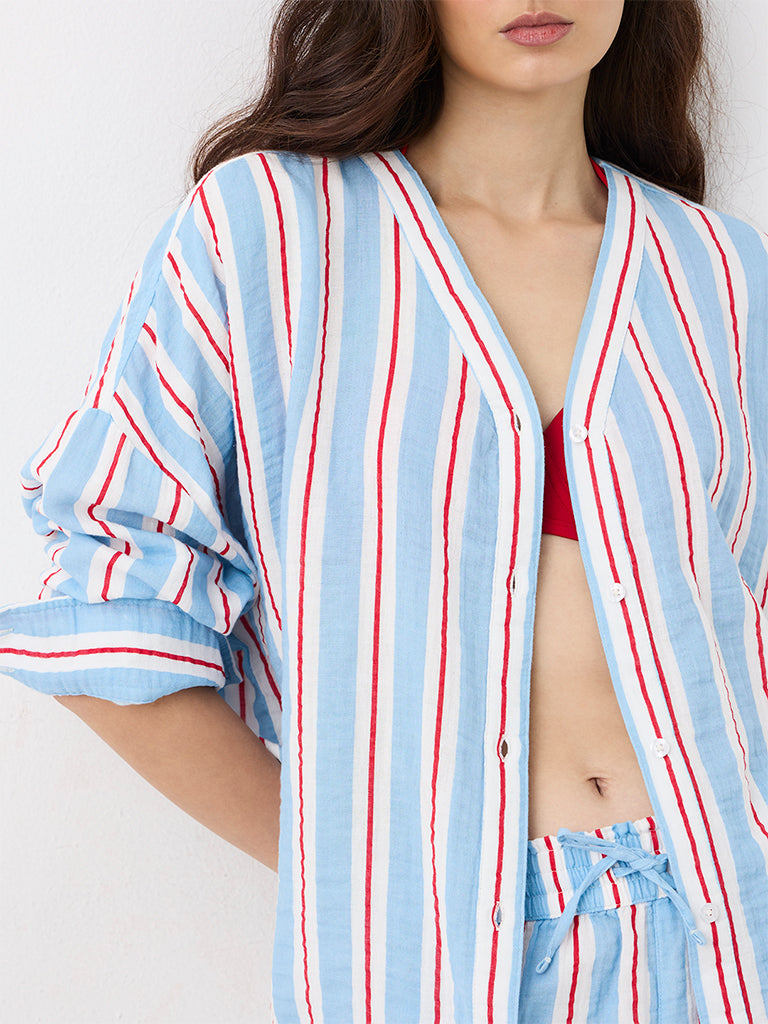 Wunderlove Blue Striped Crinkle-Textured Shirt