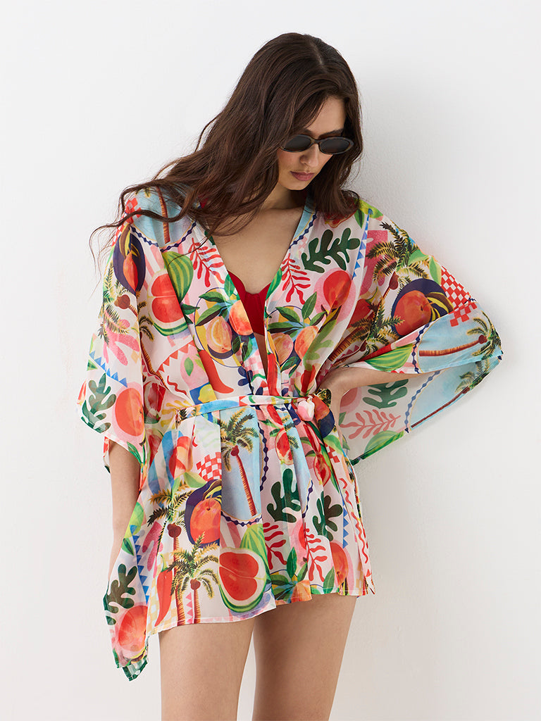 Wunderlove Swimwear Multicolour Printed Kaftan with Belt