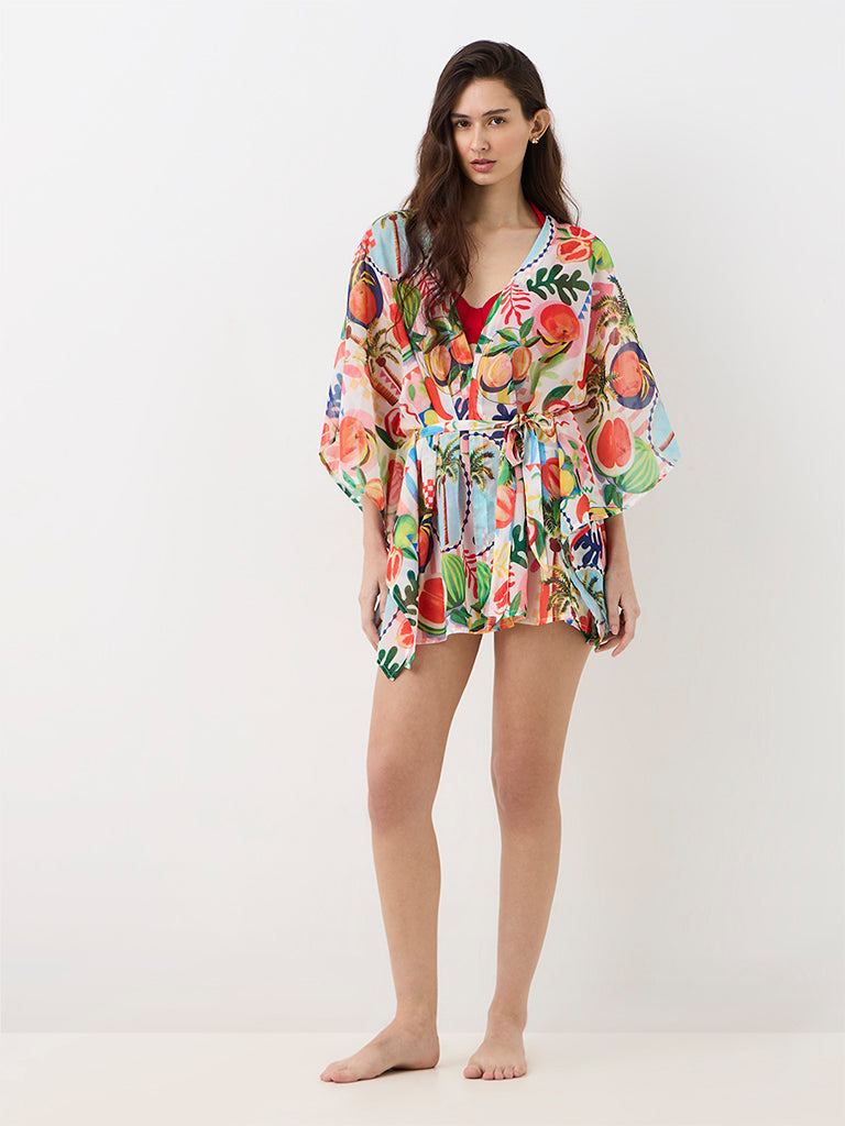 Wunderlove Swimwear Multicolour Printed Kaftan with Belt