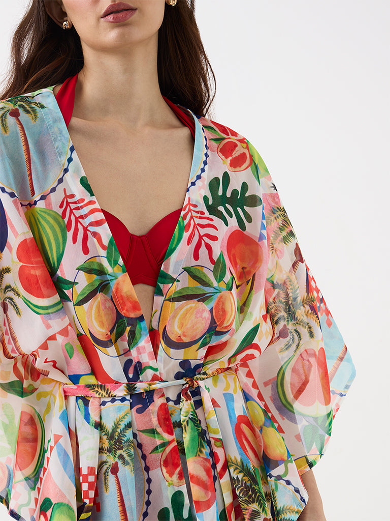 Wunderlove Swimwear Multicolour Printed Kaftan with Belt