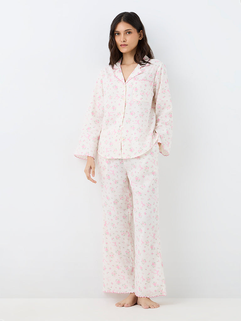Wunderlove Off-White Floral Printed Cotton Shirt and Pant Set