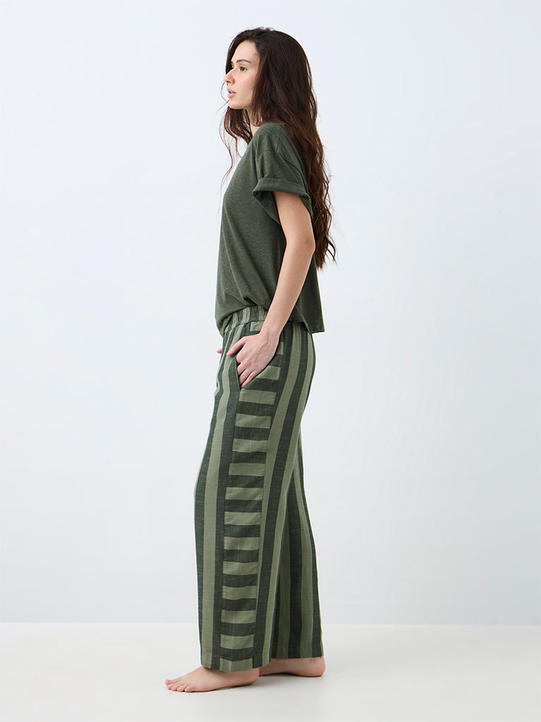 Wunderlove Dark Green Striped High-Rise Cotton Pants