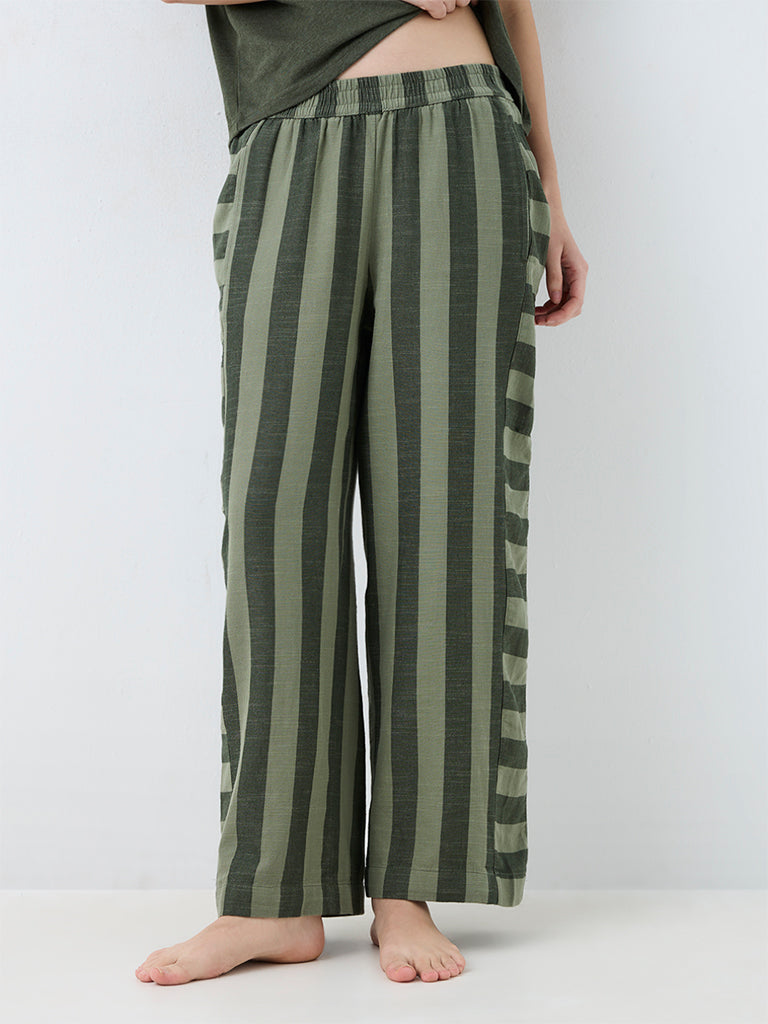 Wunderlove Dark Green Striped High-Rise Cotton Pants