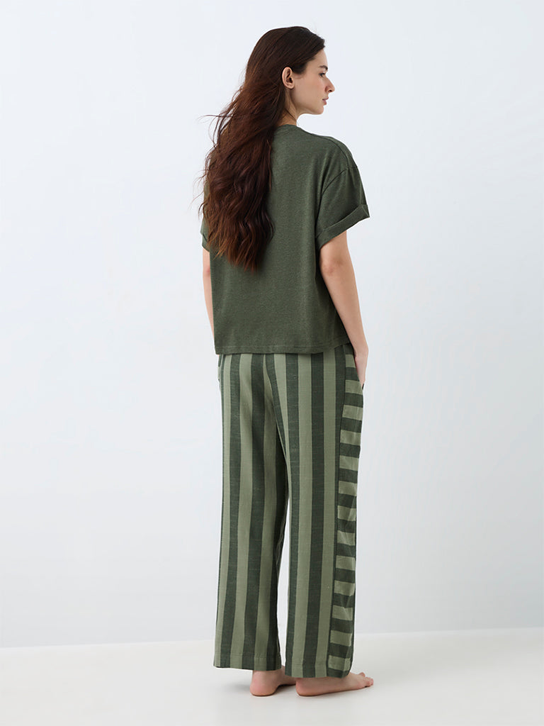 Wunderlove Dark Green Striped High-Rise Cotton Pants