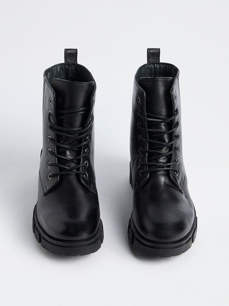 LUNA BLU Black Leather Lace-Up Biker Boots