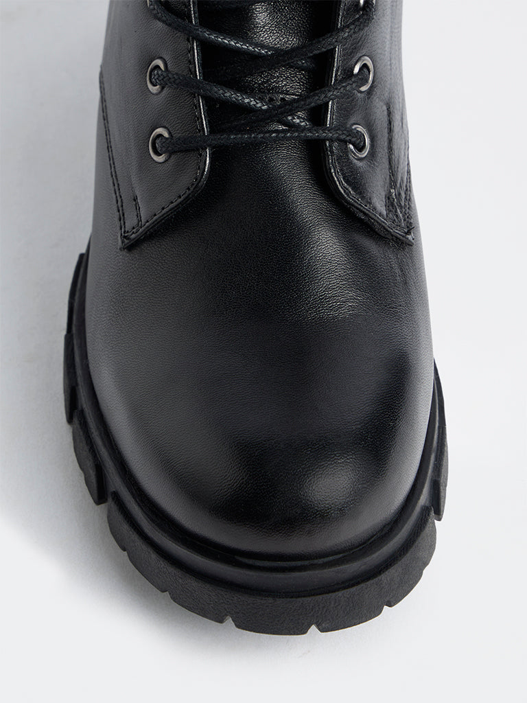 LUNA BLU Black Leather Lace-Up Biker Boots
