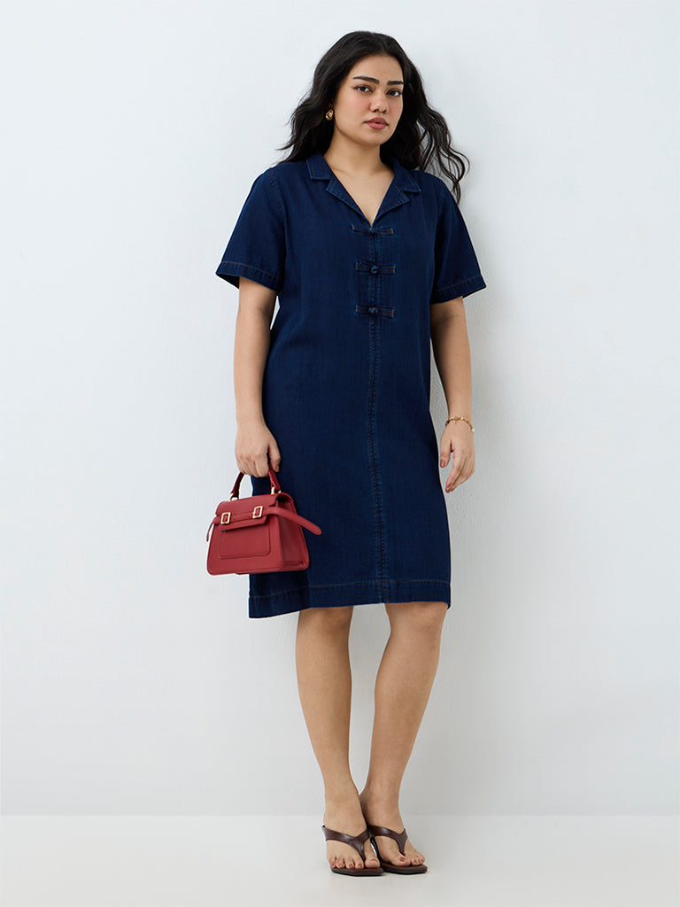 Gia Dark Blue Denim Straight Dress with Frog Fastenings