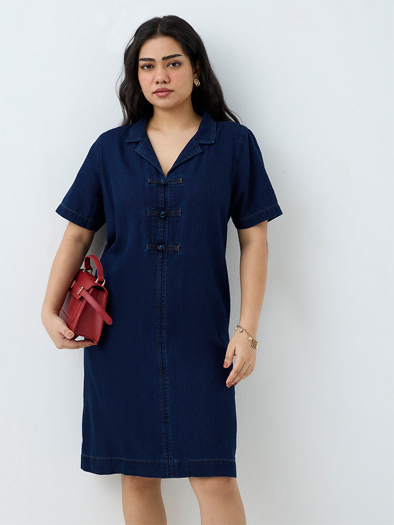Gia Dark Blue Denim Straight Dress with Frog Fastenings