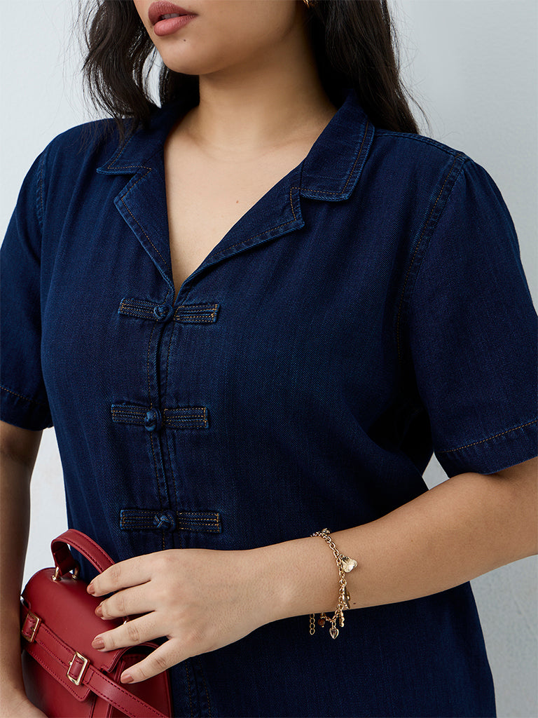 Gia Dark Blue Denim Straight Dress with Frog Fastenings