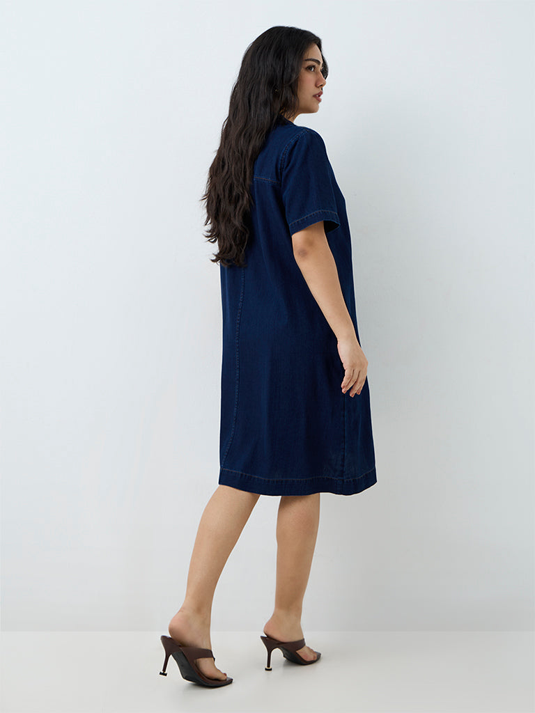 Gia Dark Blue Denim Straight Dress with Frog Fastenings