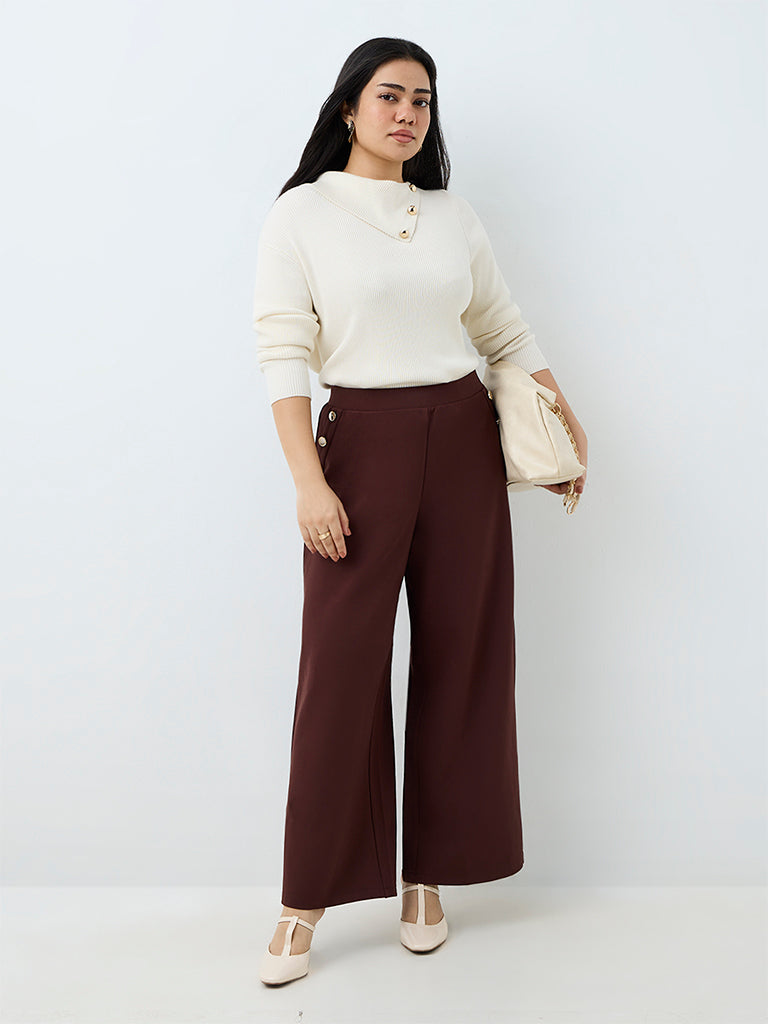 Gia Brown Button-Detail High-Rise Trousers