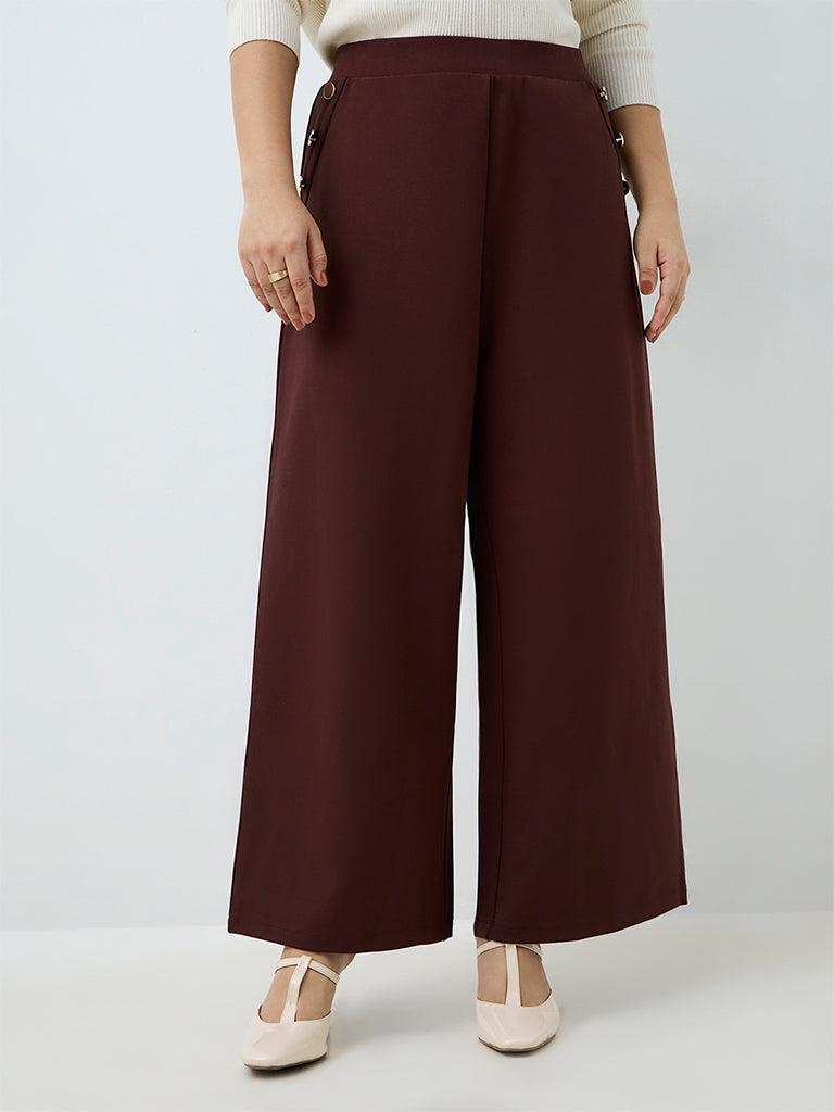 Gia Brown Button-Detail High-Rise Trousers