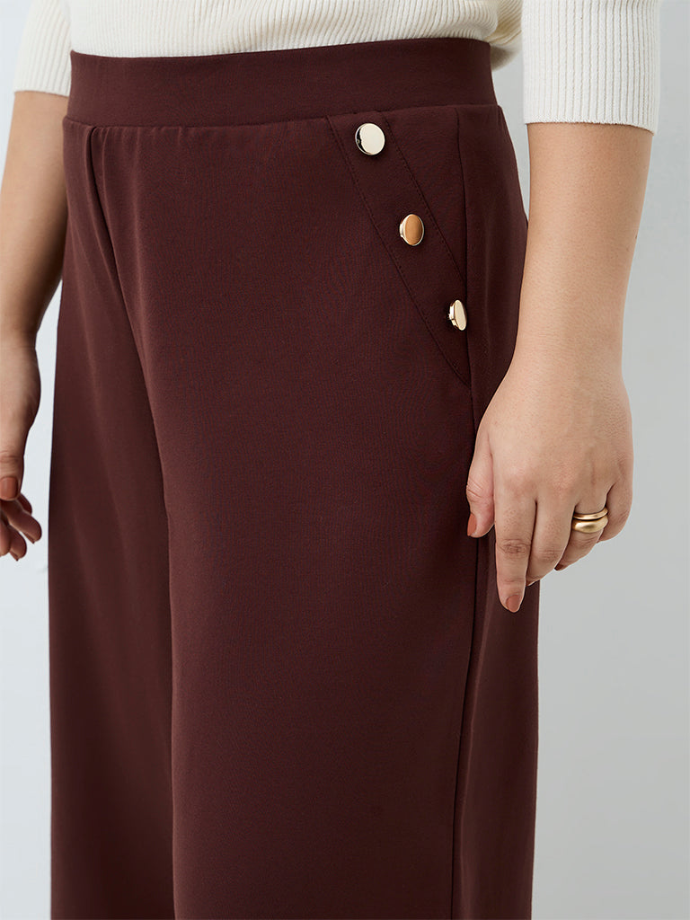 Gia Brown Button-Detail High-Rise Trousers