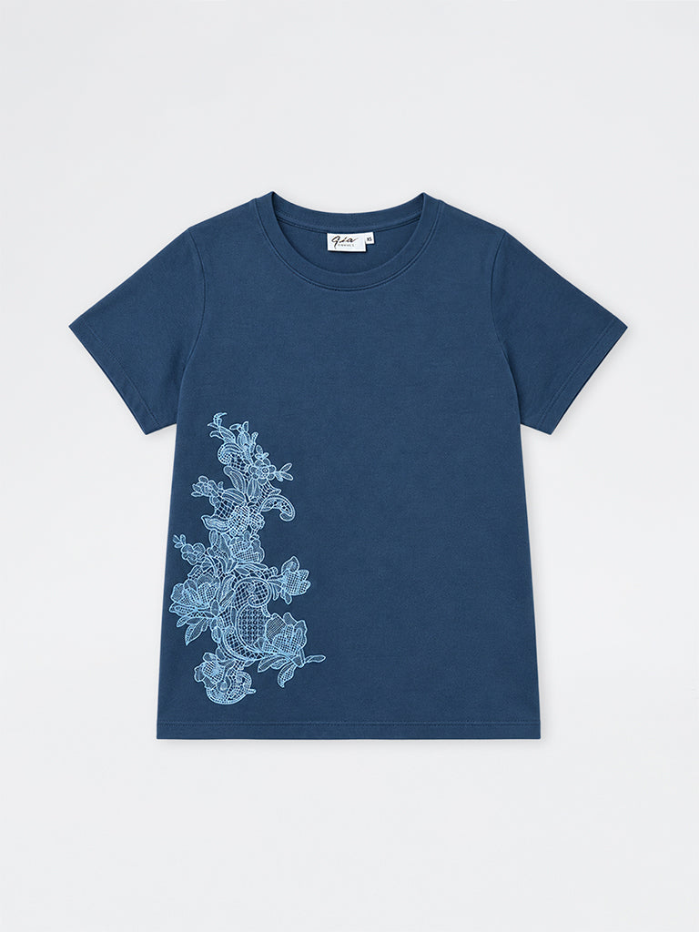 Gia Blue Floral Embroidered Cotton T-Shirt