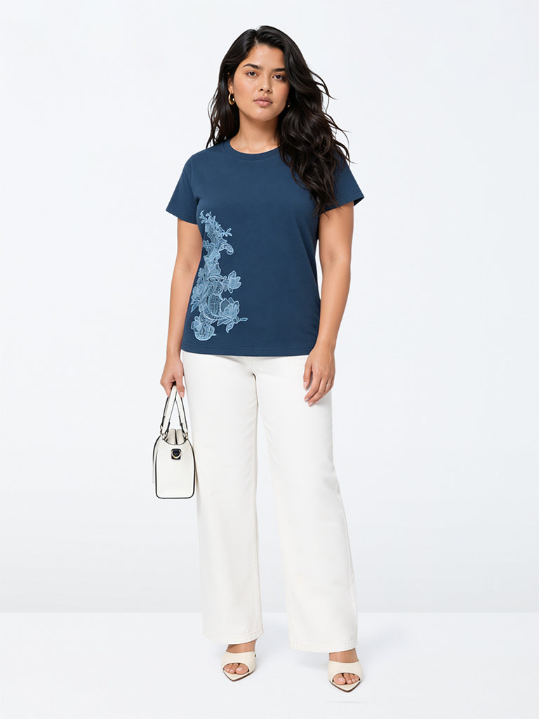 Gia Blue Floral Embroidered Cotton T-Shirt