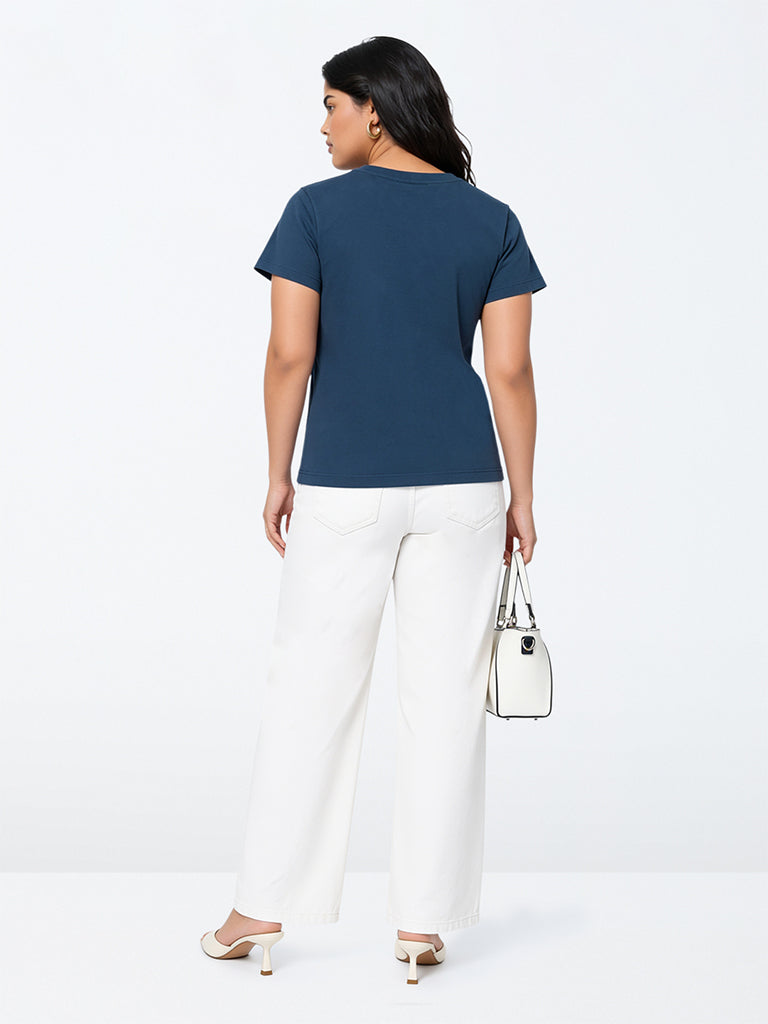 Gia Blue Floral Embroidered Cotton T-Shirt