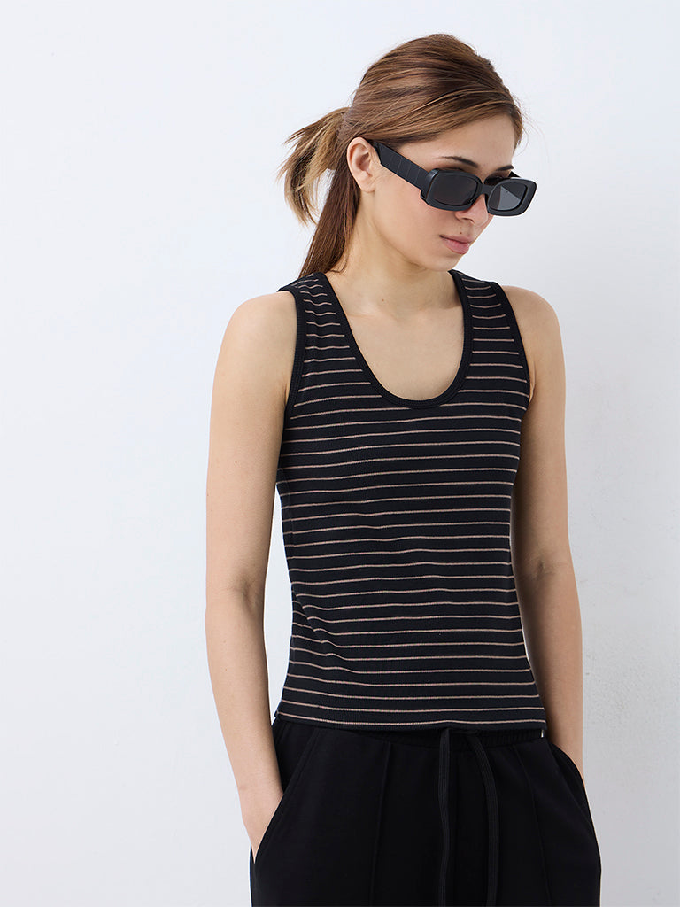 Nuoflexx Black Striped Cotton-Blend Tank Top