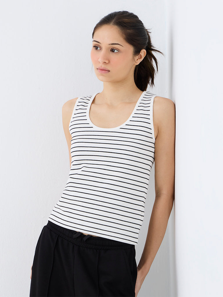 Nuoflexx White Striped Ribbed Cotton-Blend Tank Top