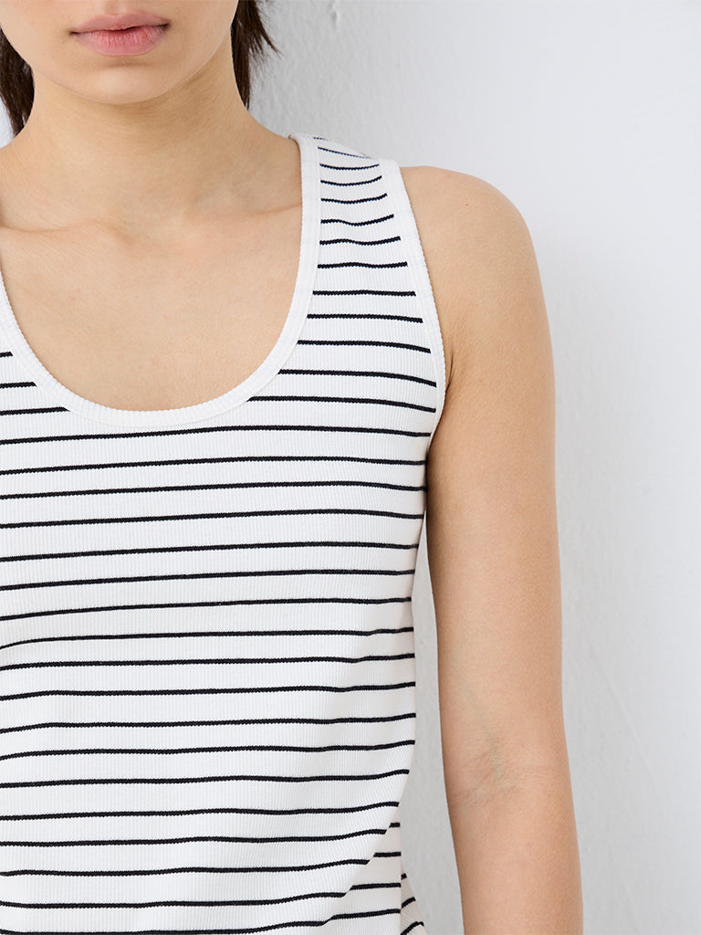 Nuoflexx White Striped Ribbed Cotton-Blend Tank Top