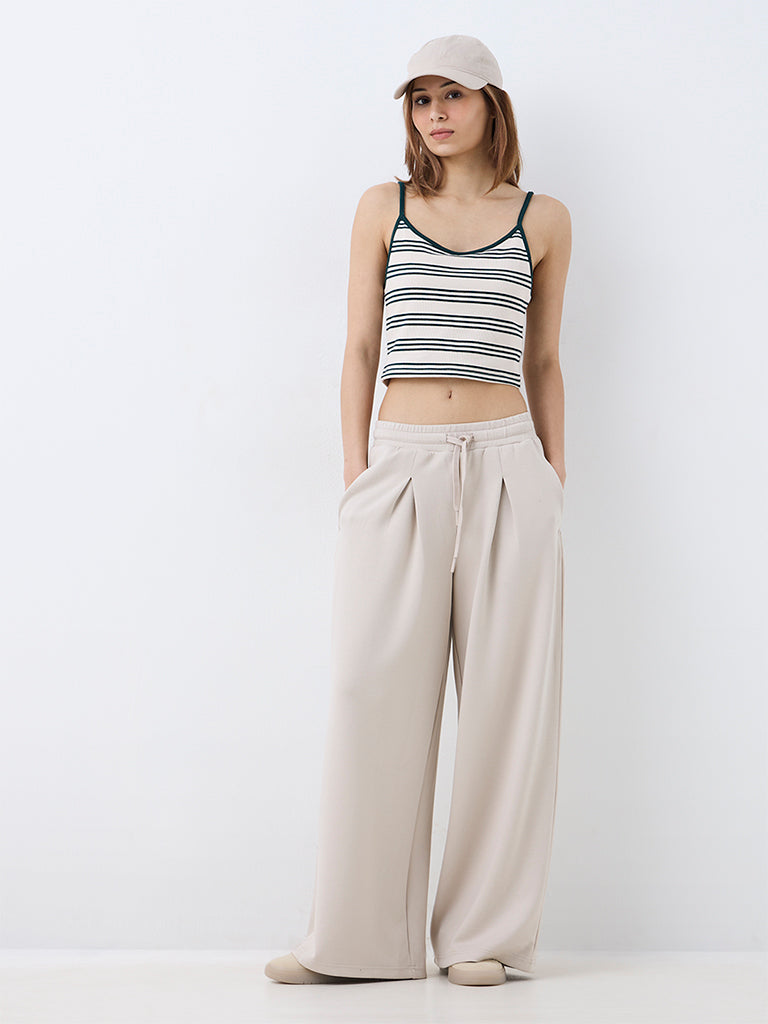Nuoflexx Off-White Striped Ribbed Cotton-Blend Top