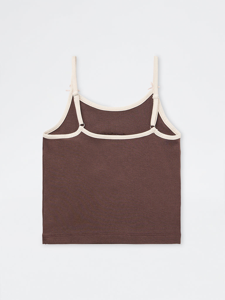 Girls Dark Brown Text-Detail Cotton-Blend Top