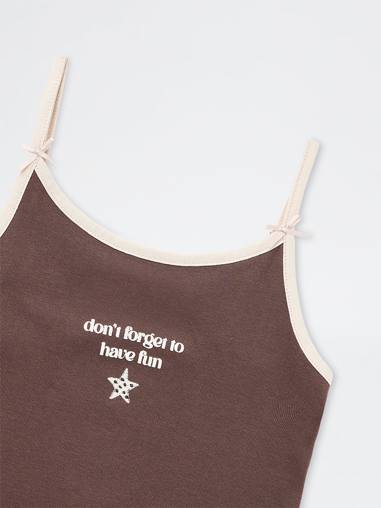 Girls Dark Brown Text-Detail Cotton-Blend Top