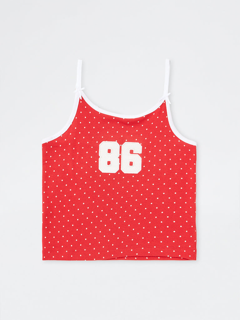 Girls Red Polka Dot Printed Cotton-Blend Top