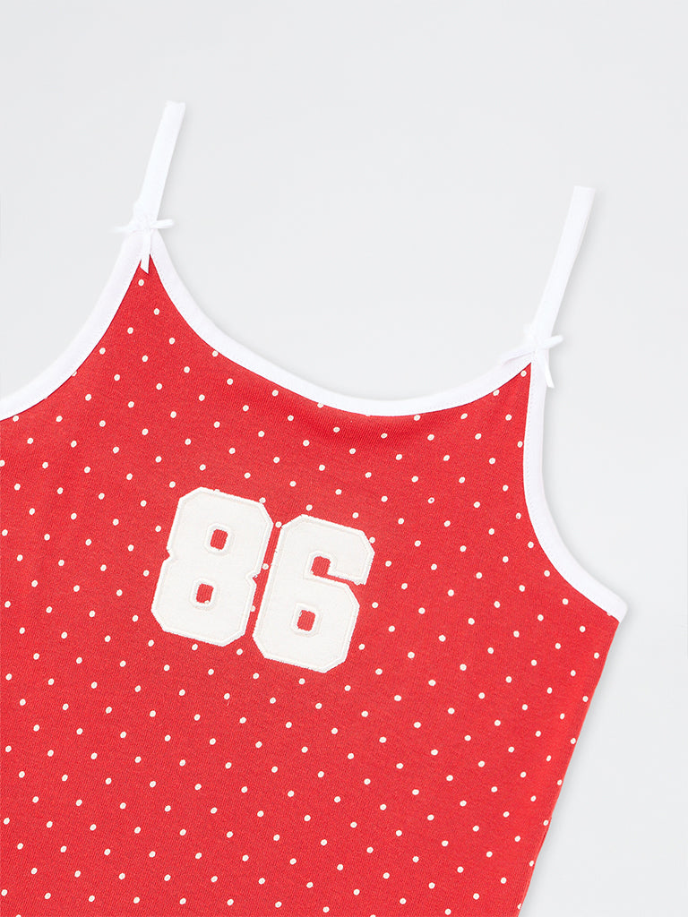 Girls Red Polka Dot Printed Cotton-Blend Top