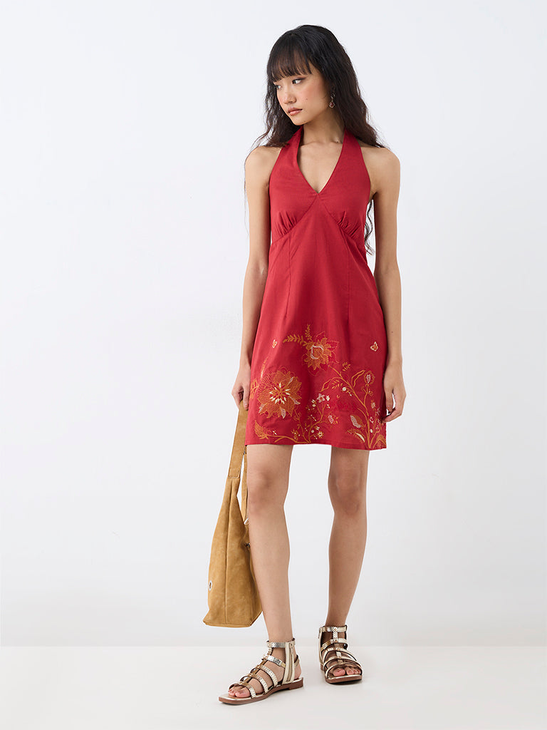 Bombay Paisley Red Floral Embroidered A-Line Mini Dress