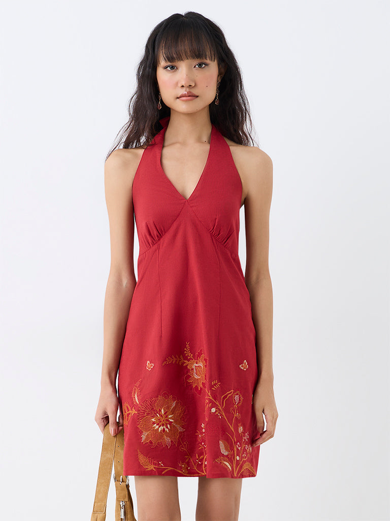 Bombay Paisley Red Floral Embroidered A-Line Mini Dress