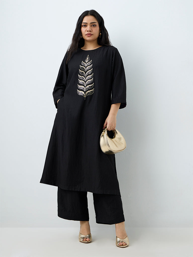 Diza Black Foliage Embellished Cotton-Blend A-Line Kurta