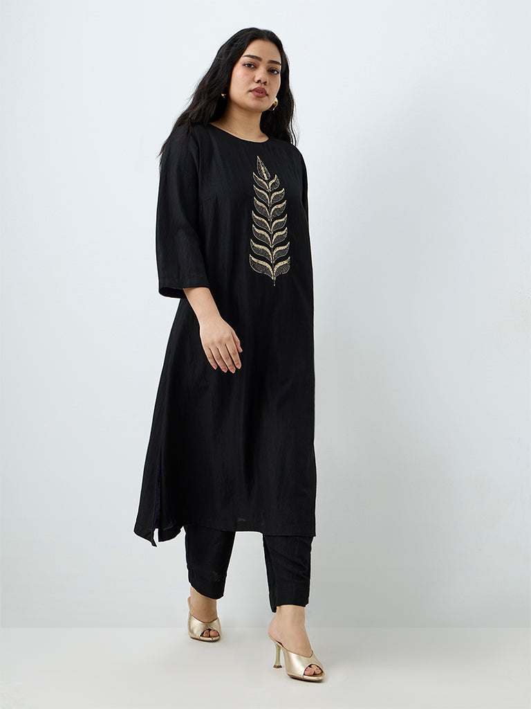 Diza Black Foliage Embellished Cotton-Blend A-Line Kurta