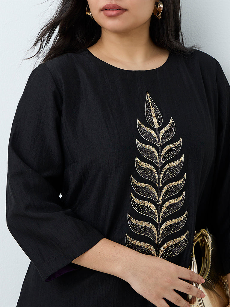Diza Black Foliage Embellished Cotton-Blend A-Line Kurta