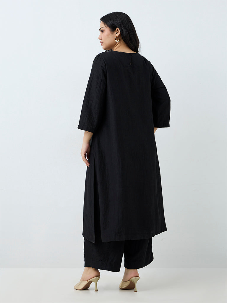 Diza Black Foliage Embellished Cotton-Blend A-Line Kurta