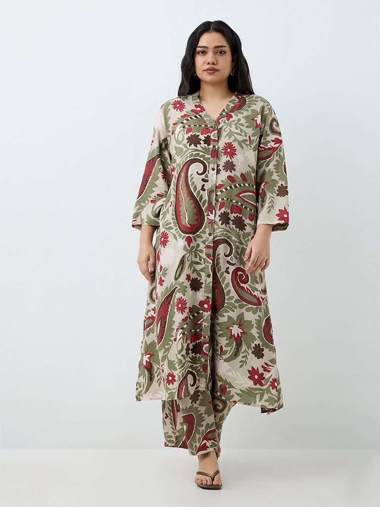 Diza Green Paisley Printed A-Line Kurta