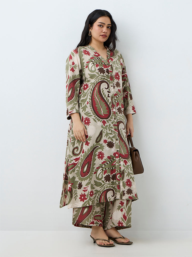 Diza Green Paisley Printed A-Line Kurta