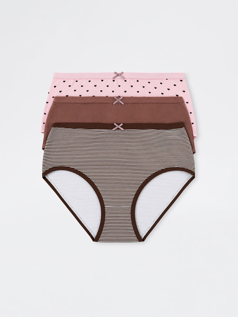 Wunderlove Dark Brown Striped Cotton-Blend High-Rise Briefs - Pack of 3