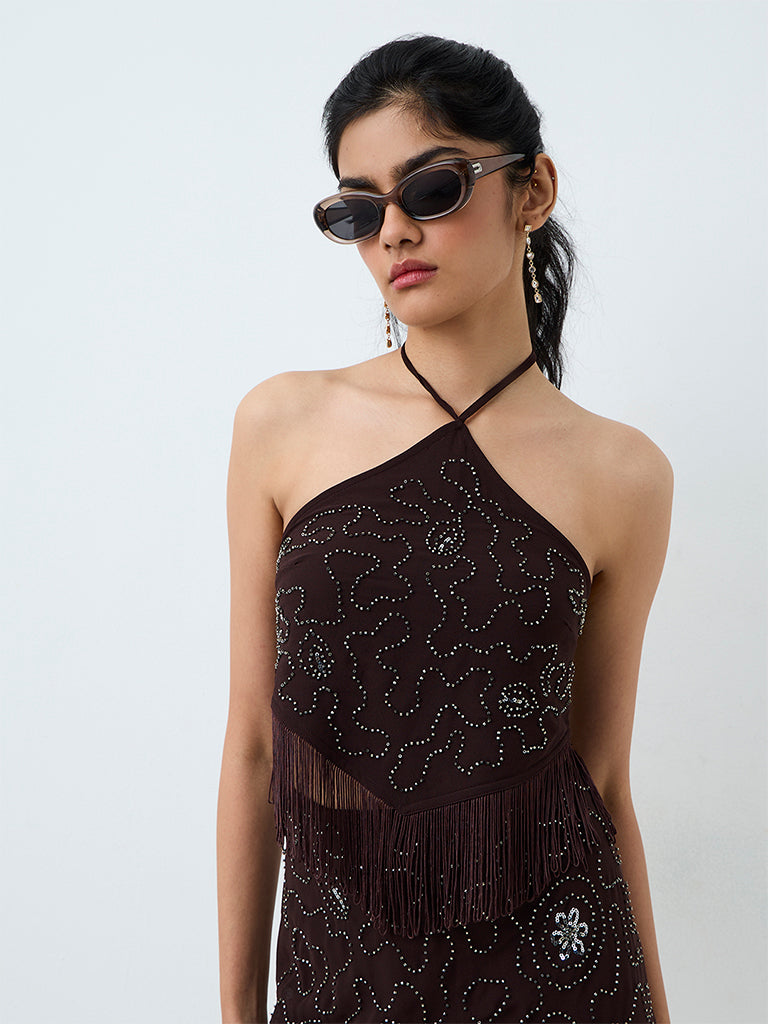 Nuon Dark Brown Embellished Tassel-Detail Top
