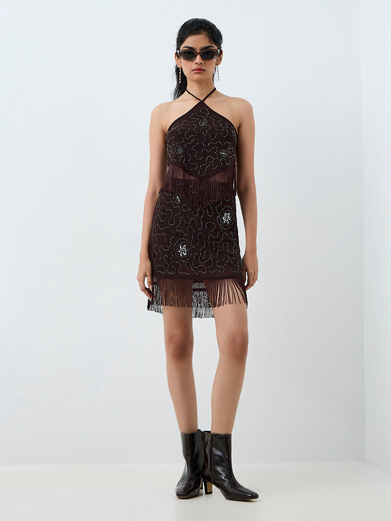 Nuon Dark Brown Embellished Tassel-Detail Top