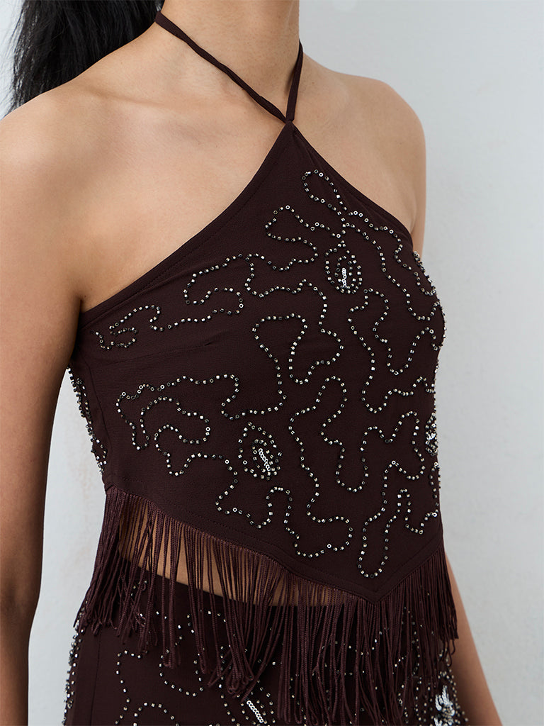 Nuon Dark Brown Embellished Tassel-Detail Top