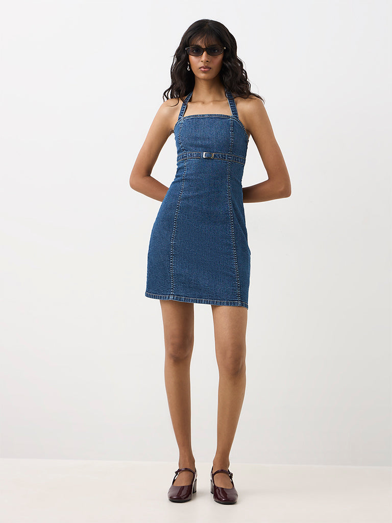 Nuon Blue Halter-Neck Denim Sheath Dress